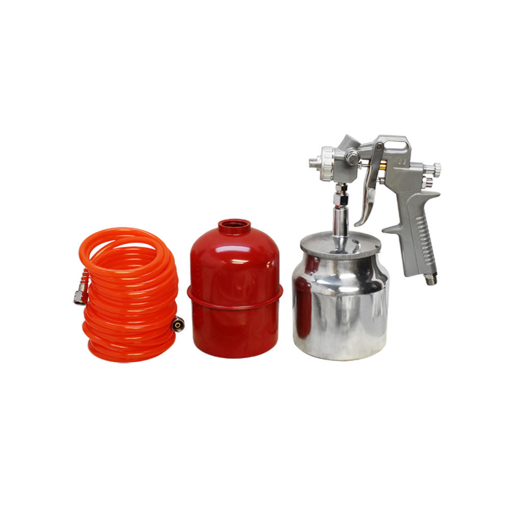 Air compressor tool set with tire inflator gauge, washing gun, spray gun, and coiled air hose.
