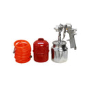 Air compressor tool set with tire inflator gauge, washing gun, spray gun, and coiled air hose.