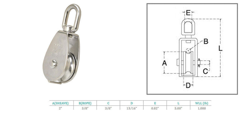 50mm Marine Boat Stainless Steel SINGLE Pulley w- Swivel Eye Hoist Lift  800 Lb Cap