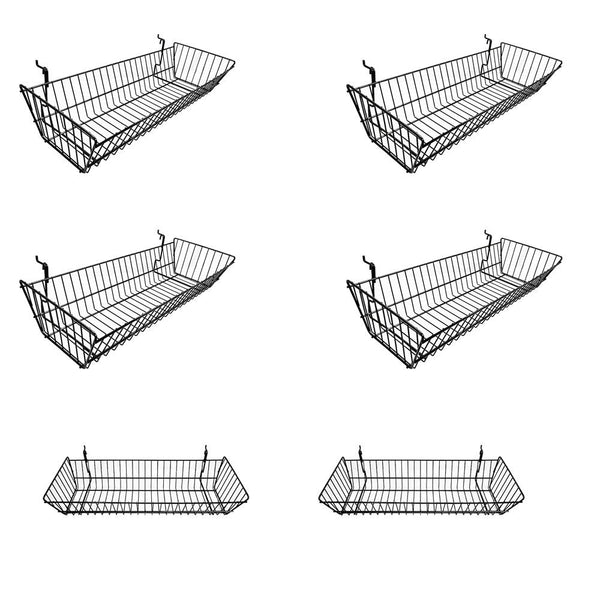 6 Pc Black Large Double Sloping Basket Slatwall Gridwall Pegboard Deep Rack Fixture