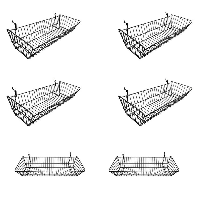 6 Pc Black Large Double Sloping Basket Slatwall Gridwall Pegboard Deep Rack Fixture
