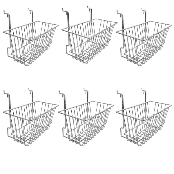 6 Pc CHROME 12x6x6 Slatwall Gridwall Pegboard Narrow Deep Basket Display Rack Fixture