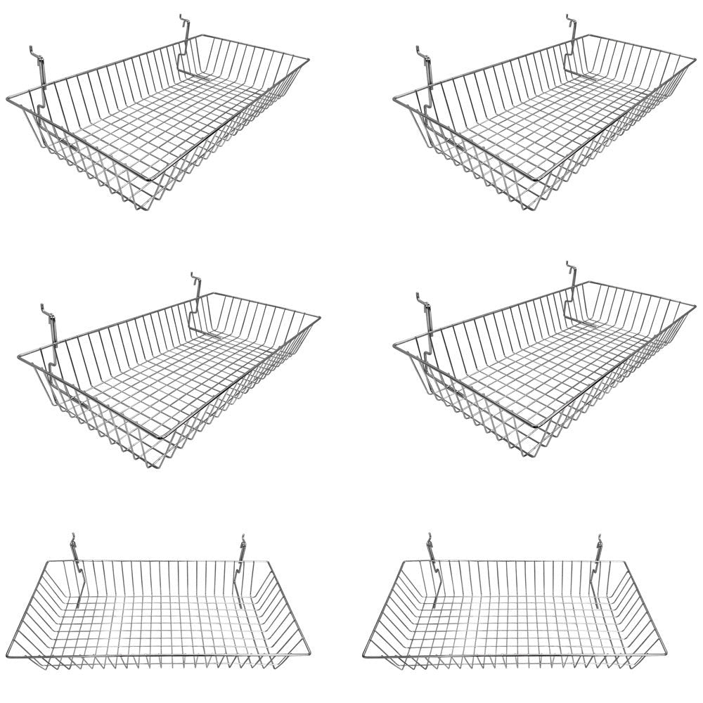 6 Pc Chrome Slatwall Gridwall Pegboard Shallow Basket Display Rack 24x12x4