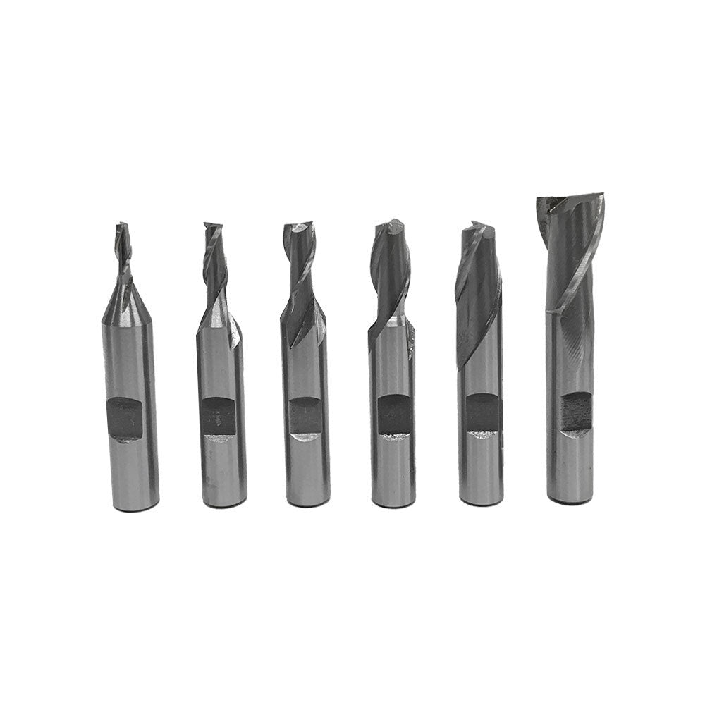 6 PC HSS 2 Flute End Mill Set Single End 3/8'' Shank Size 1/8-1/2''