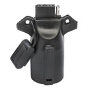 Close-up of 7-pin RV blade to 4-pin flat trailer plug made from durable black plastic.