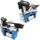 Horizontal and vertical 7x12 band saw metal cutter with blue base and wheels