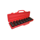 8-piece deep impact socket set in durable red plastic carrying case for 3/4" drive tools.