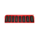 Red hard case containing black deep impact sockets for automotive and industrial use.