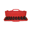 Heavy-duty CR-MO steel deep impact sockets organized in a portable red case.