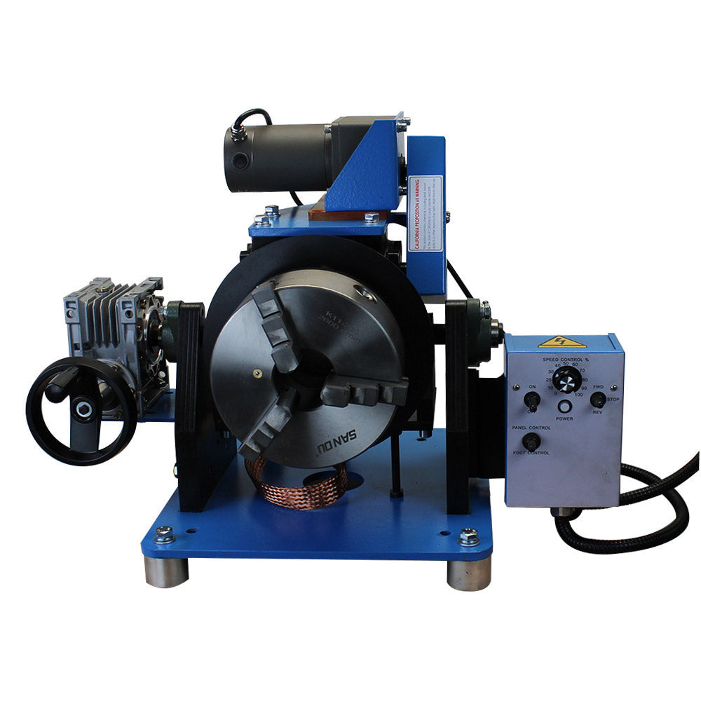 Heavy duty welding positioner turntable with 8-inch chuck and adjustable speed control.