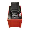 Red hydraulic power unit with black foot pedal, brass fittings, and air hose assembly