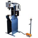 C-Frame hydraulic press machine with electric motor, control panel, and foot pedal.