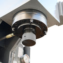 Heavy duty C-frame hydraulic press with motorized operation and emergency stop switch.