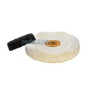Close-up of yellow cotton buffing pad attached to drill for metal polishing.