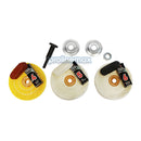 Drill-mounted polishing wheel with soft cloth pad for mirror finish surface buffing.