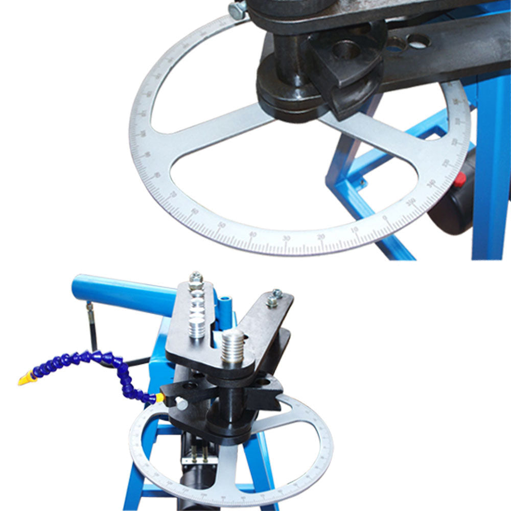 Industrial 10 ton pipe and tube bending machine with electric motor and control switch.
