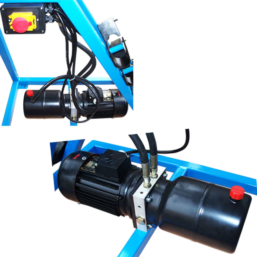 Electric hydraulic tubing bender with sturdy frame and included bending dies.