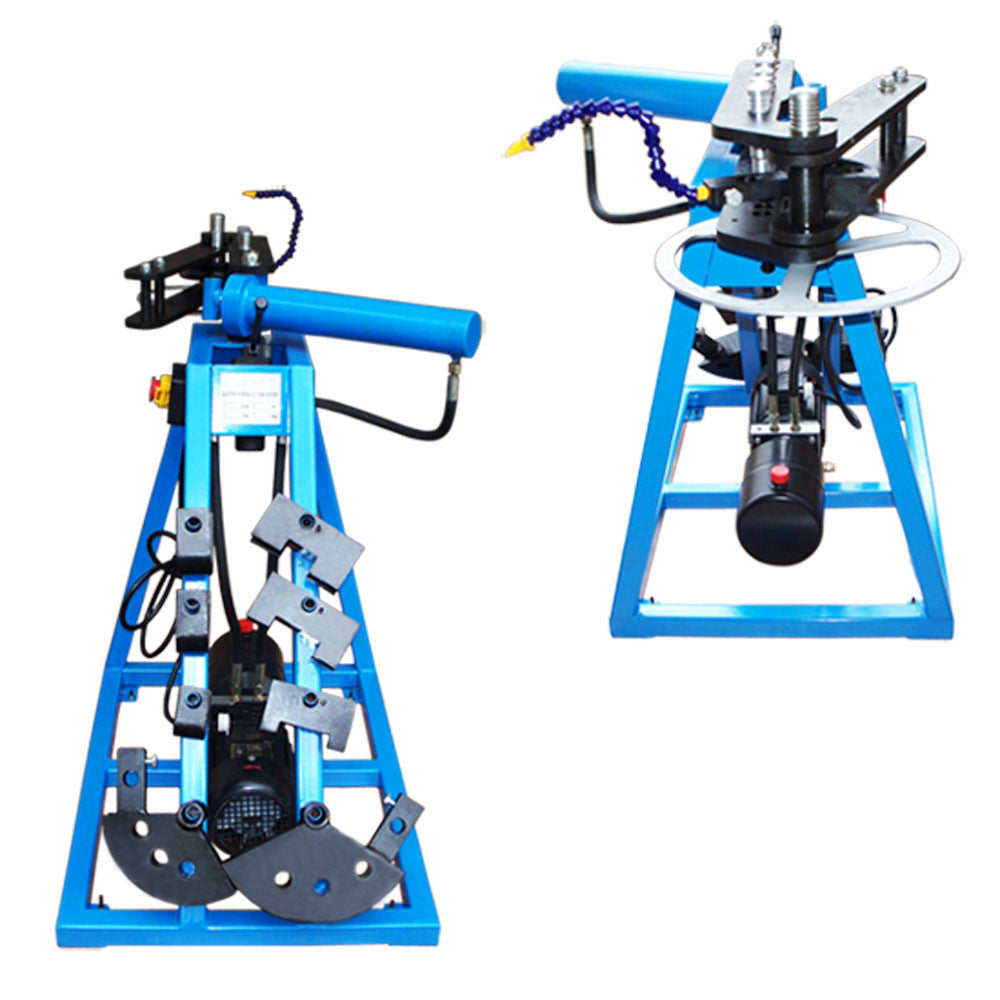 Tube bender with electric motor, hydraulic pump, and adjustable bending arm.