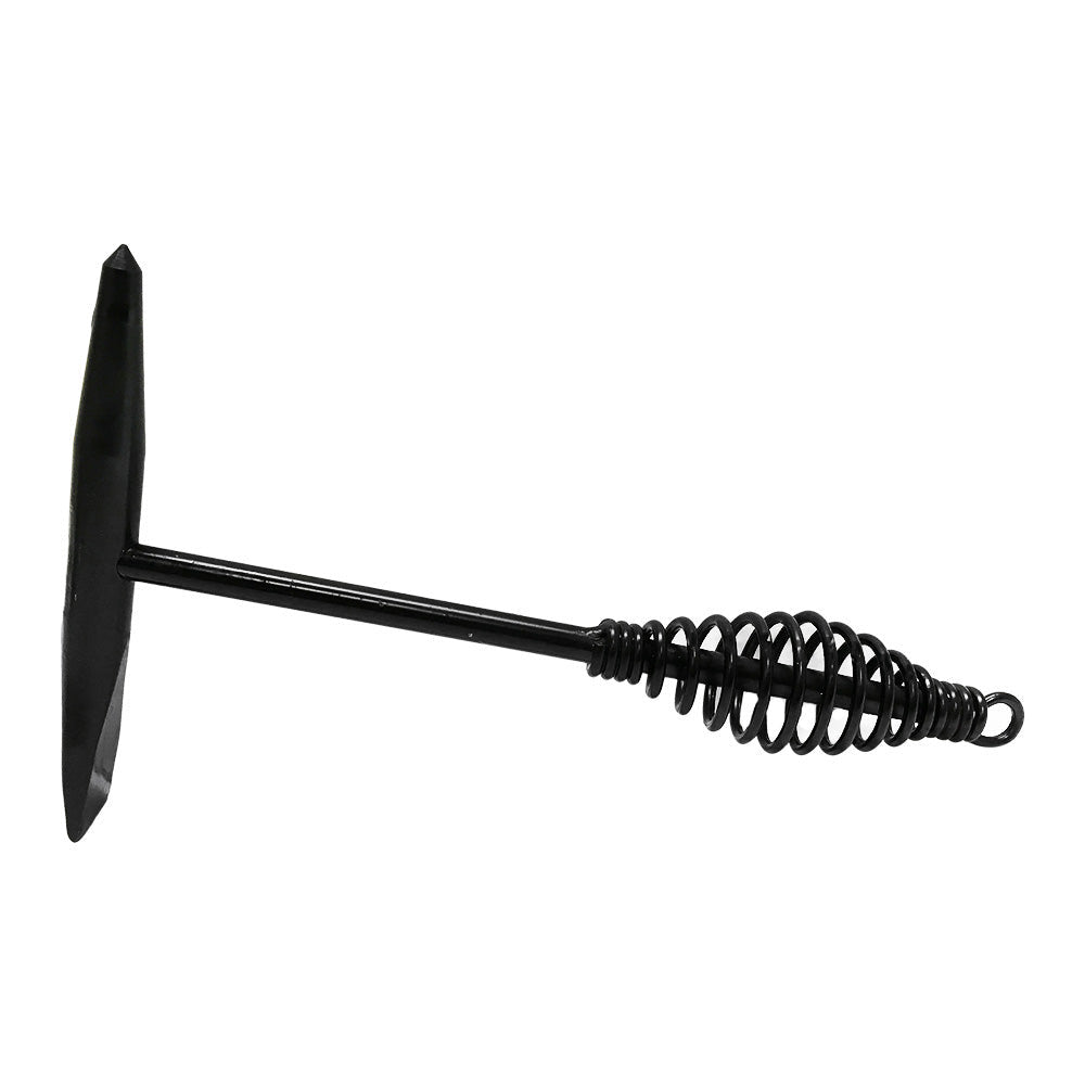Welding chipping hammer with coiled spring handle and flat chisel tip.