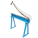 Blue 32 inch manual guillotine shear used for cutting 16 gauge sheet metal.