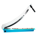 Sheet metal fabrication shear with long lever arm and sturdy blue steel frame.