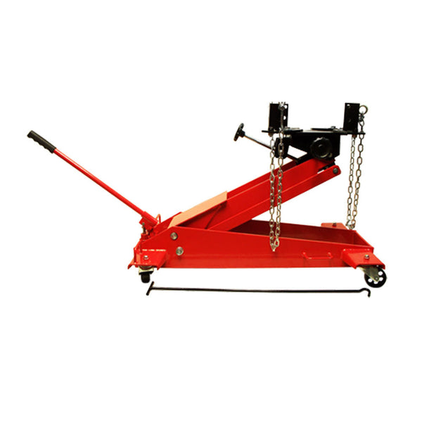 Heavy duty red 2000 lb low profile transmission jack with chains and swivel saddle