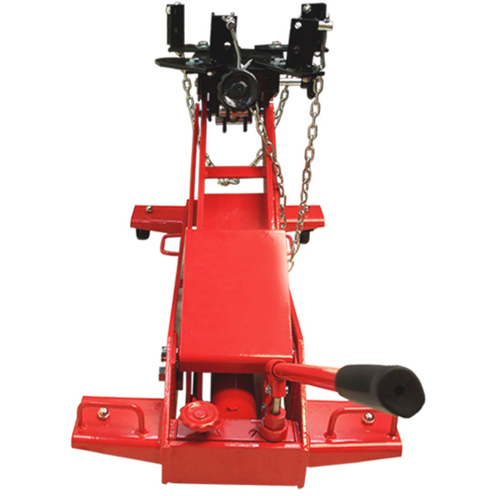 Red floor transmission jack with long pump handle and adjustable saddle
