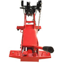 Red floor transmission jack with long pump handle and adjustable saddle