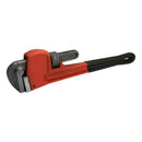 Heavy duty 18 inch adjustable pipe wrench with red body and black soft grip handle.