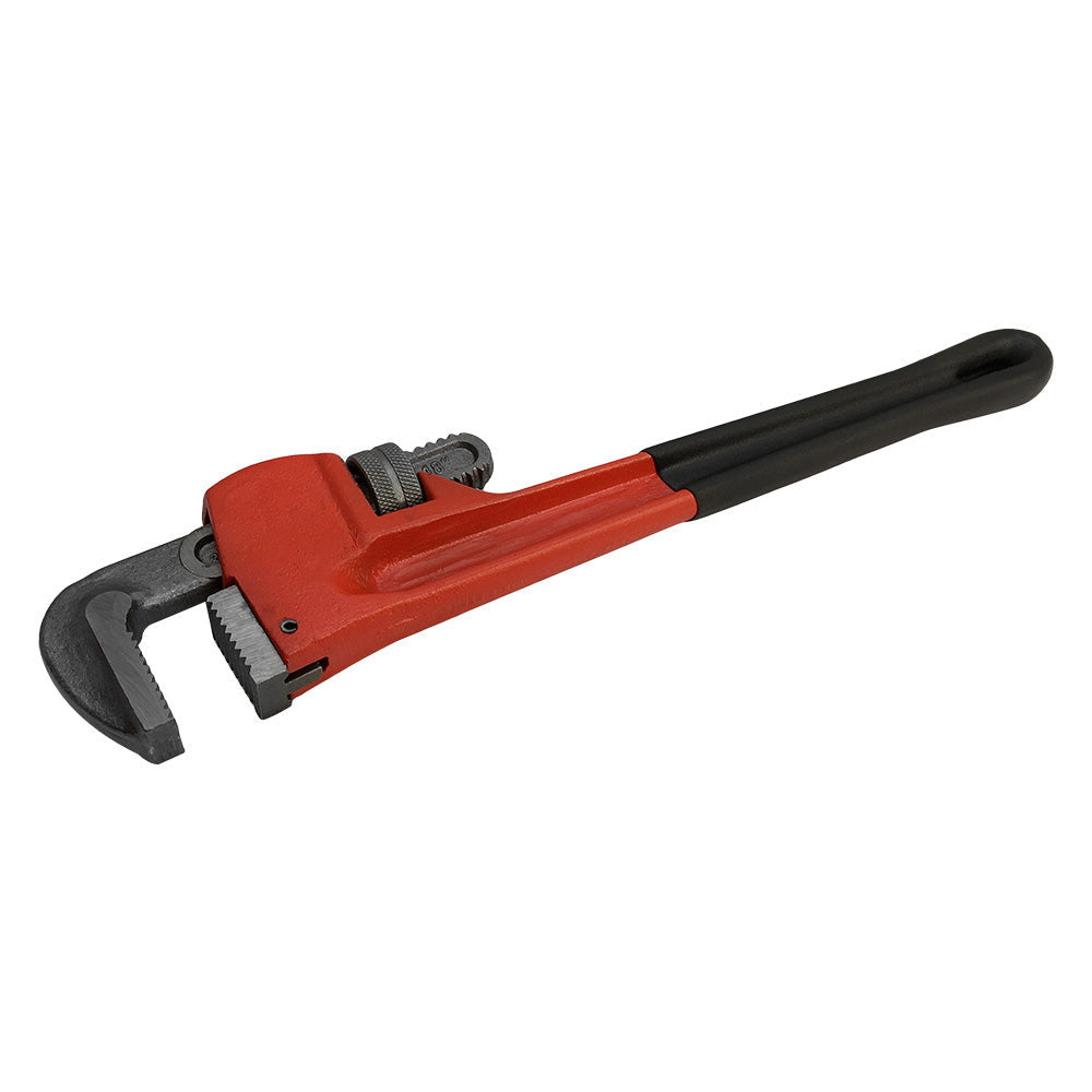 Red and black plumbing monkey wrench with serrated steel jaws and adjustable nut.