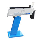 Blue industrial belt grinding machine with adjustable table and motorized sanding system