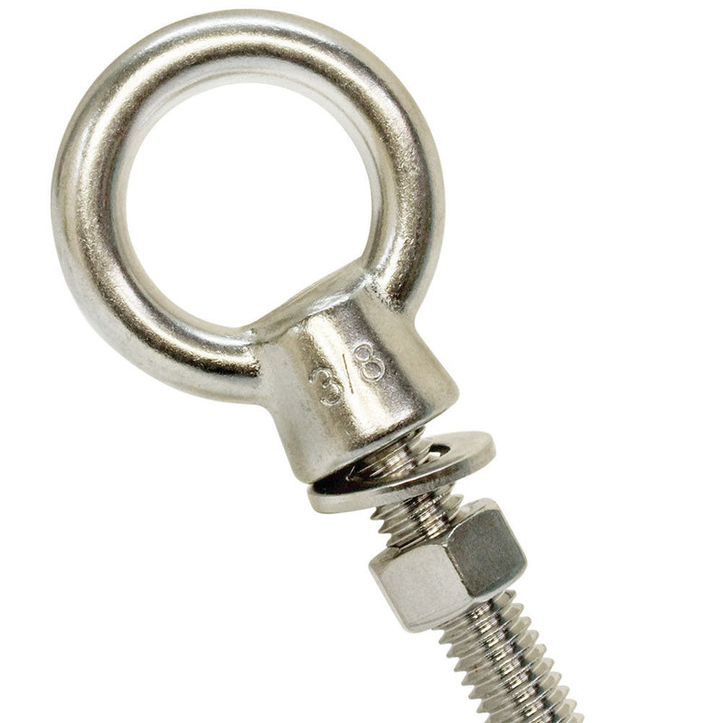 Marine Stainless Steel 3/8" x 12" Turned Eye Bolt Fully Threaded Nut Washer 1,050 Lb Cap.