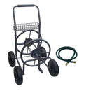 Steel garden hose reel cart with 10-inch pneumatic tires and green hose