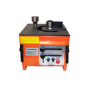 Portable orange rebar bender with power cord and adjustable bending angle controls