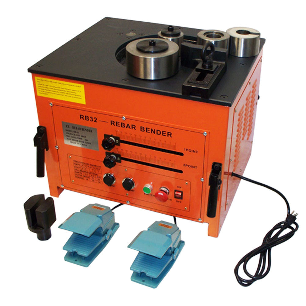 Electric 32mm rebar bender featuring orange cabinet, knobs and indicator scale
