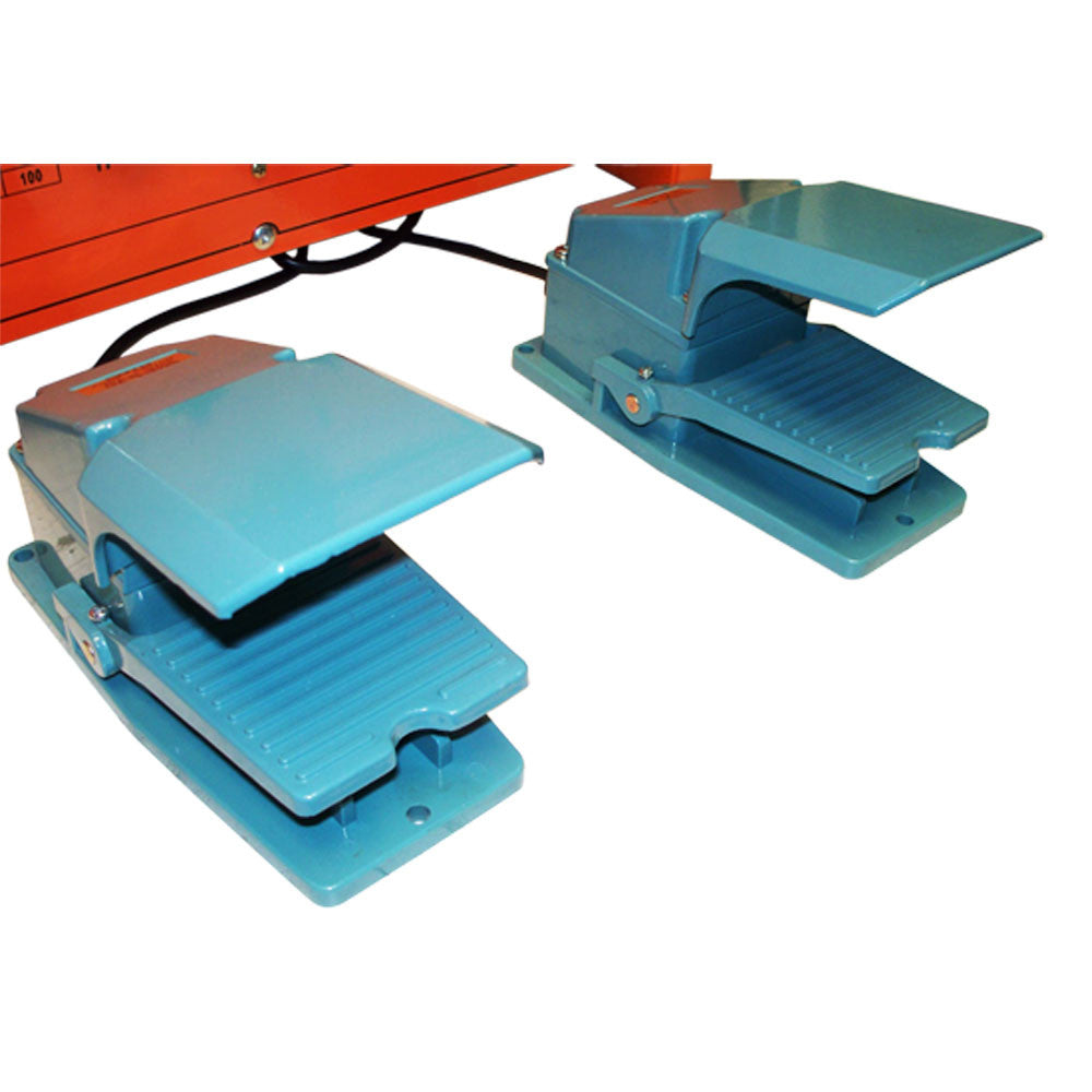 Construction site rebar bender with metal forming rollers and twin blue foot pedals