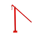 Red steel fence post puller with long leverage handle for lifting T-posts.