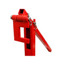 Side view of red T-post puller with solid steel construction and square base plate.