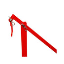 Red post puller with locking pin and leverage bar for frozen or compact soil use.