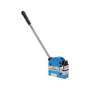 Blue sheet metal shrinker stretcher tool with long chrome handle and black rubber grip.