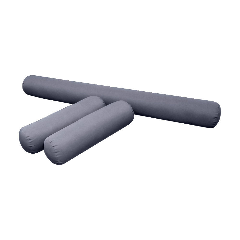 Three-piece pillow and bolster cushion set including seat cushion, two bolster pillows for indoor or outdoor seating.