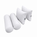 Four-piece pillow and bolster cushion set including seat cushion, two square back pillows, and two bolster pillows for indoor or outdoor seating.