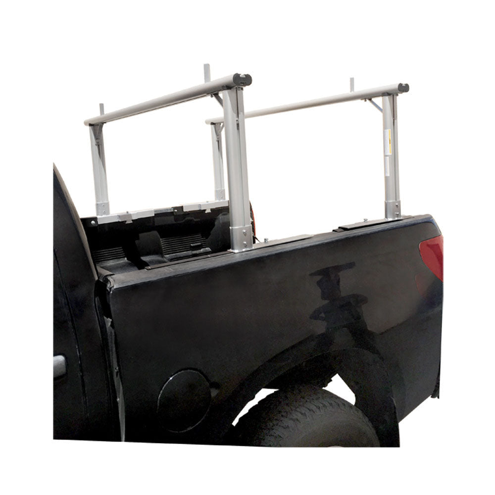 Adjustable aluminum contractor rack mounted on pickup truck with tailgate down