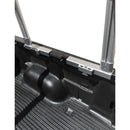 Rear view of pickup with silver aluminum truck rack and open tailgate