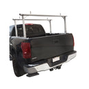 Aluminum truck ladder rack system installed on black pickup on white background