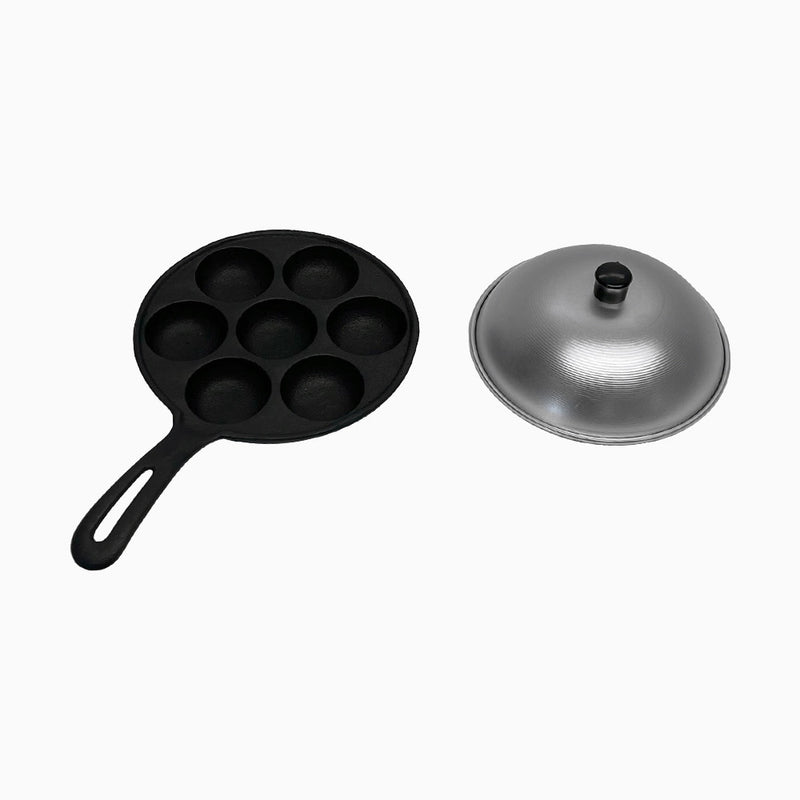 Commercial Chef Cast Iron Danish Aebleskiver Pan 7 Pancake Balls cookware W/ Lid