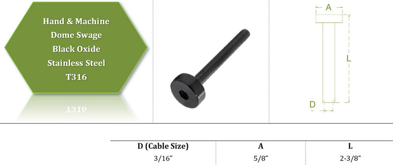 20 Pc T316 Black Oxide Stainless Steel Cable Railing Dome Swage For 3/16" Cable