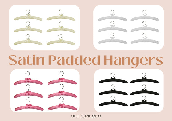 Pack 6 Satin Padded Clothes Hangers Dress Lingerie Bridal BLACK,WHITE,PINK,IVORY