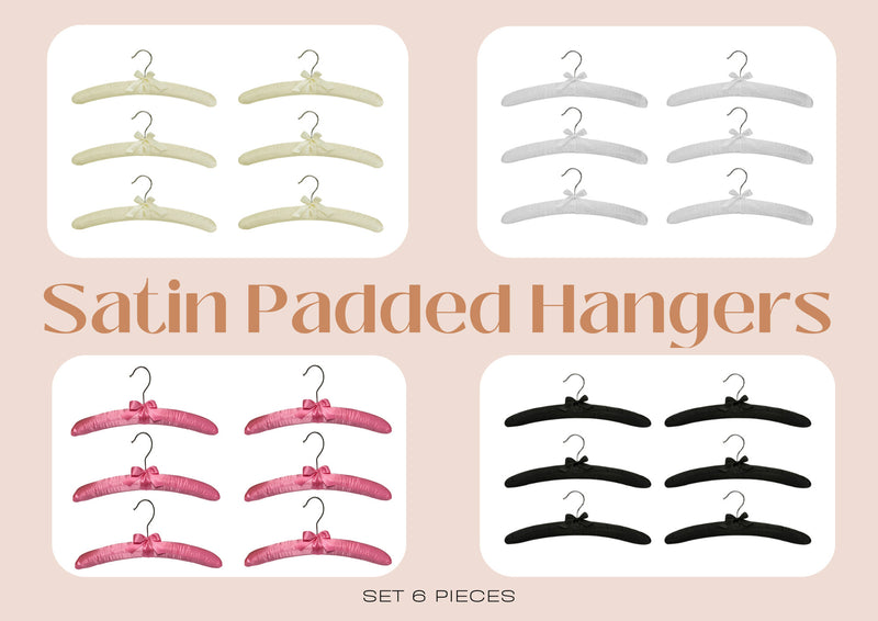 Pack 6 Satin Padded Clothes Hangers Dress Lingerie Bridal BLACK,WHITE,PINK,IVORY