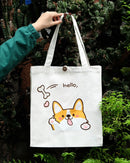 14"L x 14-1/2"H Reusable Canvas Grocery Bag Shopping Corgi Tote Bag Inside Pouch